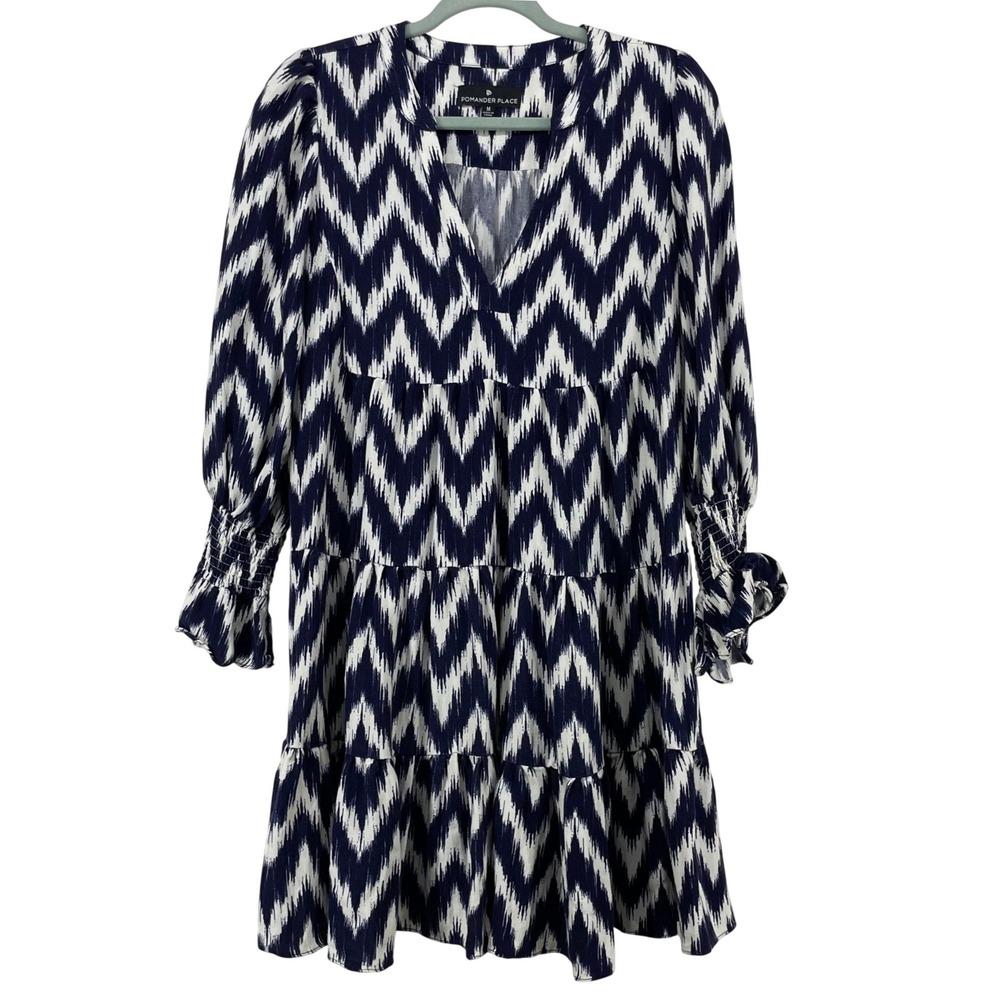 Pomander Place Size Medium Kenzo Ikat Navy Blue White Tiered Mini Dress Womens